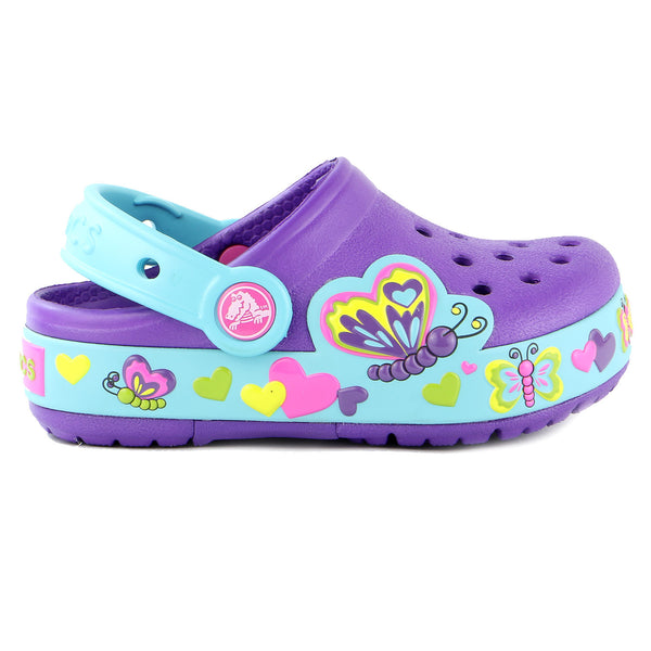 Crocs Crocslight Butterfly Clog Sandal Shoe - Neon Purple/Aqua - Girls