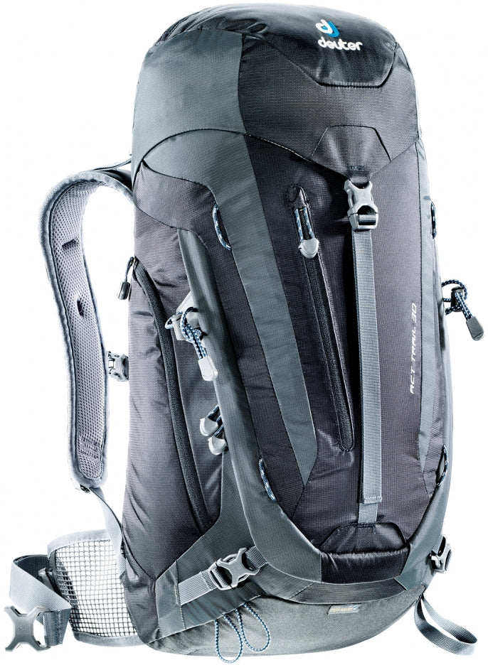 deuter act trail 30 hiking backpack dimensions 28 SL forward hip fins Load adjustment straps Compatible with 3.0 liter drinking system/bag Adjustable sternum belt Ice Axe Attachment Pole holder Compression straps SOS label Inside compartment to keep your valuables safe Elasticated inner compartment for storing wet/sweaty clothing Deuter Act Trail 30 Hiking