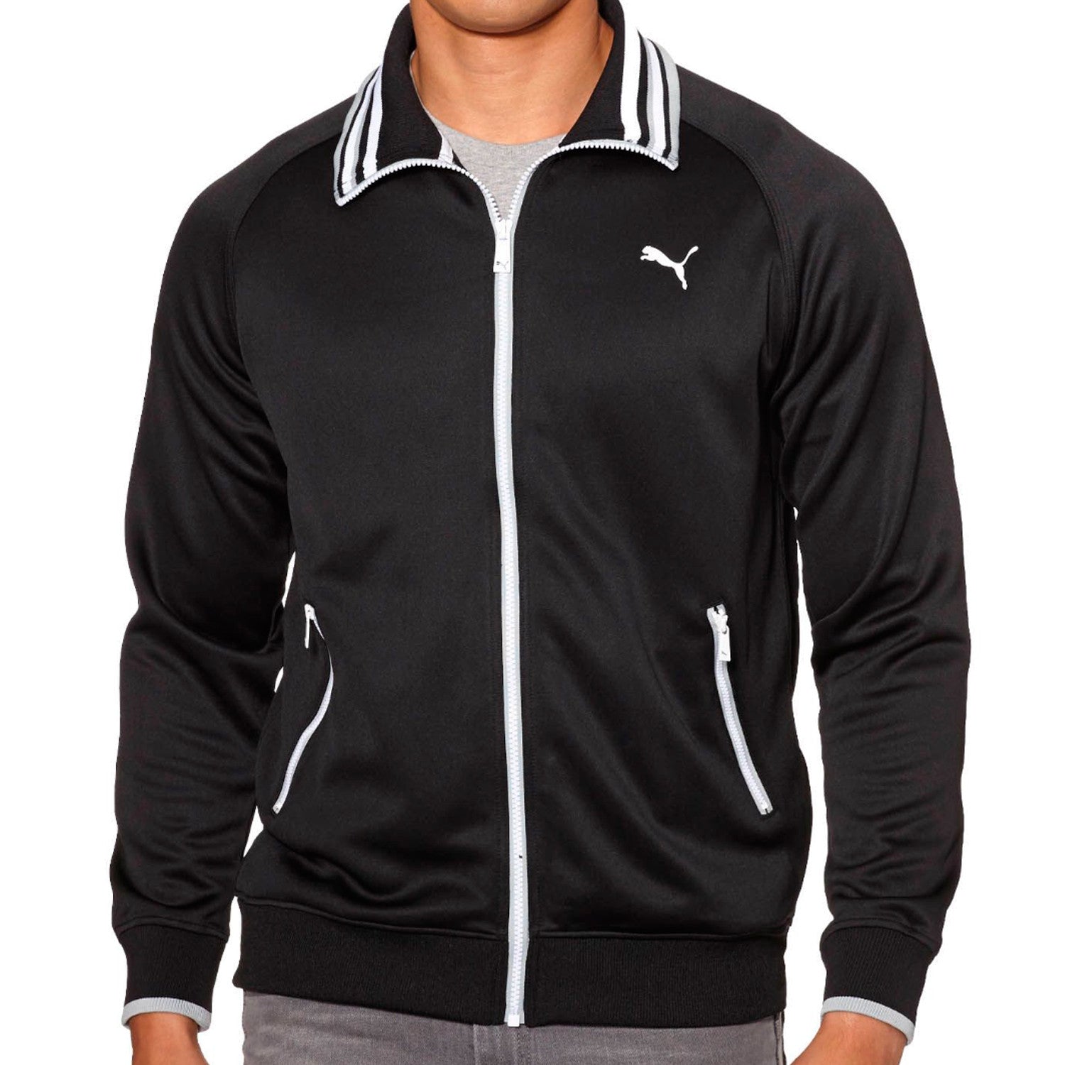 Puma Front-Zip Track Jacket with Striped Collar - Black/Quarry - Mens Shoplifestyle